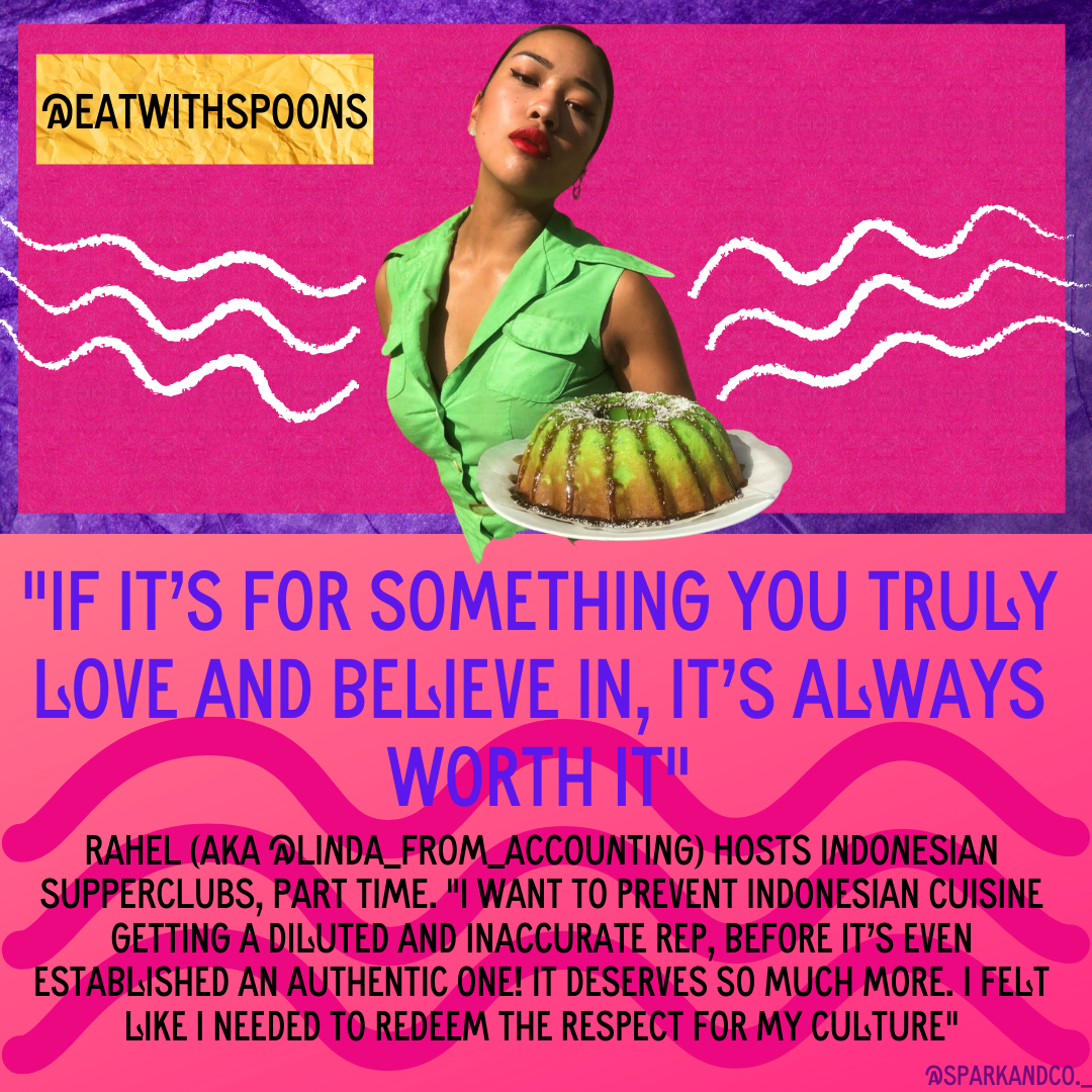 Cut out photo of Rahel founder of Sp00ns on a coral background and a quote below.