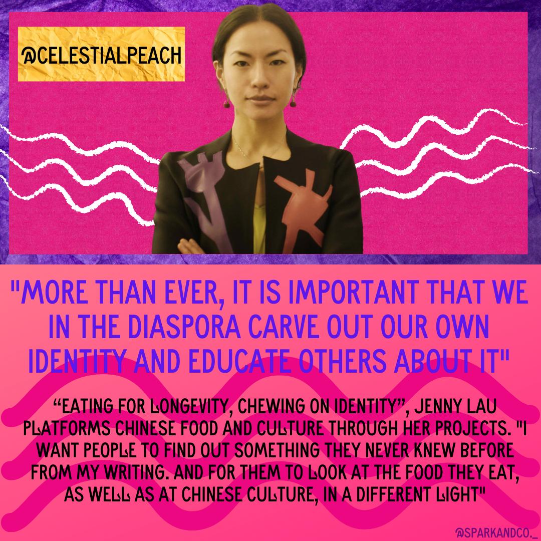 Cut out image of Jenny Lau on coral background with quote below.