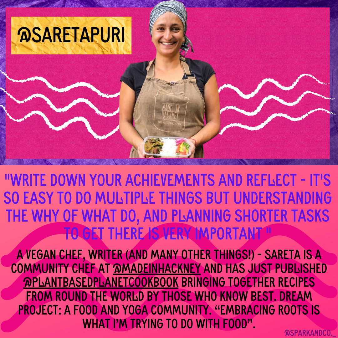 Cut out of Sareta Puri food activist on coral background with quote below