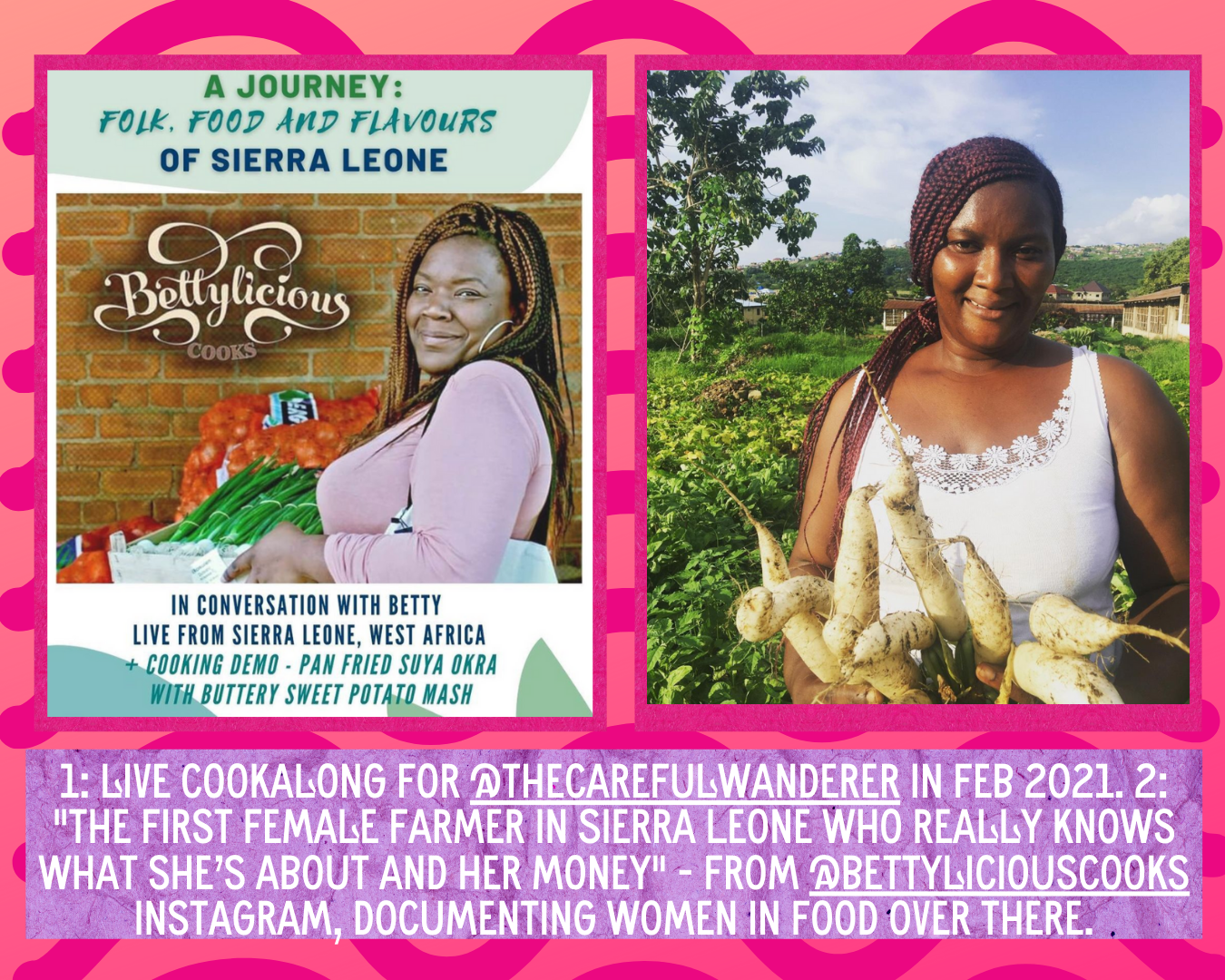 Flyer for Live Cook Along for The Careful Wanderer in Feb 2021; Betty Vandy in Sierra Leone