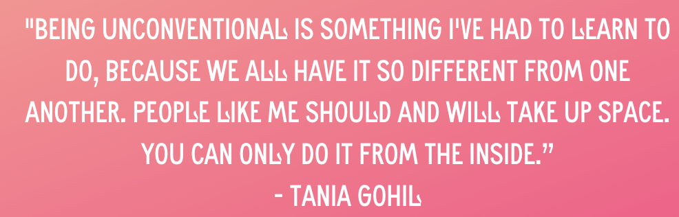 Pink background with quote from Tanya founder of Devis. 