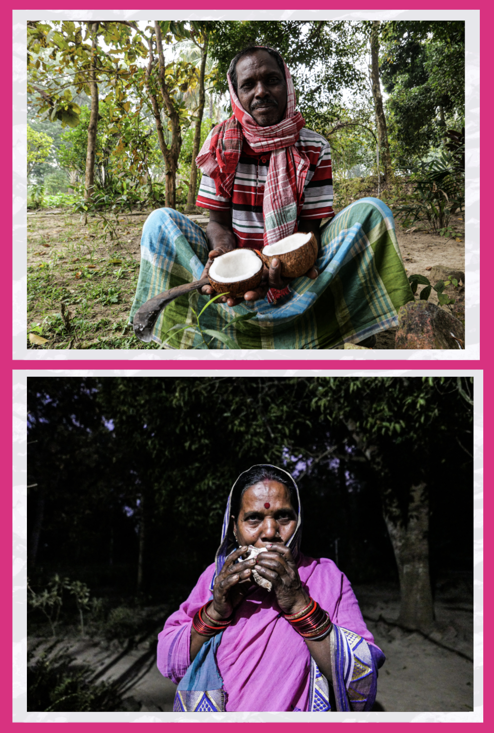 Two images: 1: Freshly cracked coconut. 2: Kobita, whose name means 'poem' blowing the conch, a Hindu call to prayer