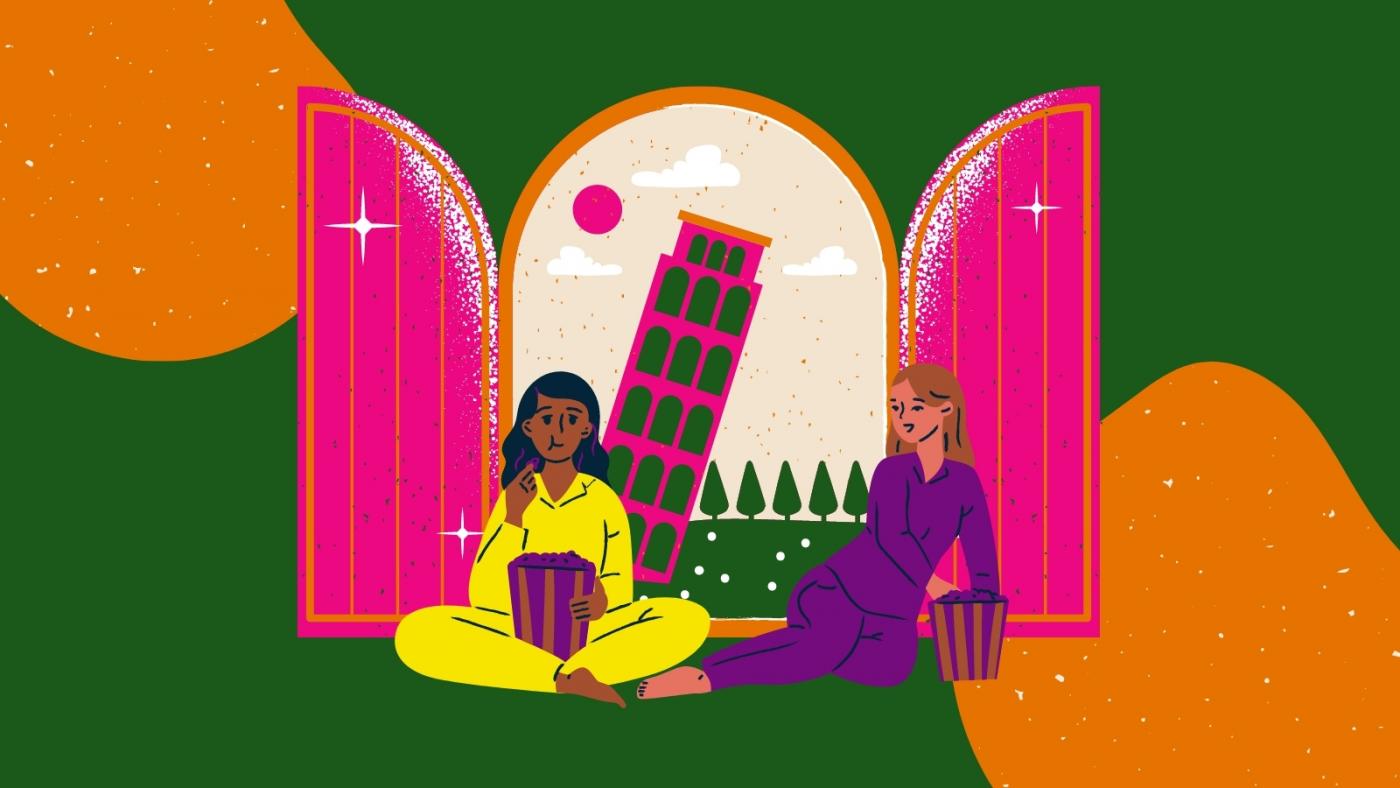 Article header for Unpacking Race as a social construct. Green back ground, with two abstract orange shapes. Illustrations of two women, eating popcorn with a window with open doors behind them. The leaning tower of Pisa sits outside. 