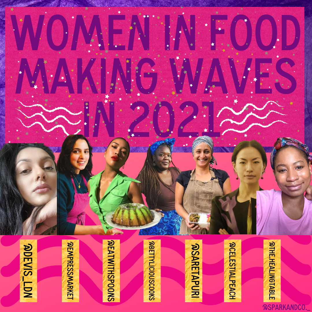 Article header for women in food making waves in 2021, coral background and images of 7 women.