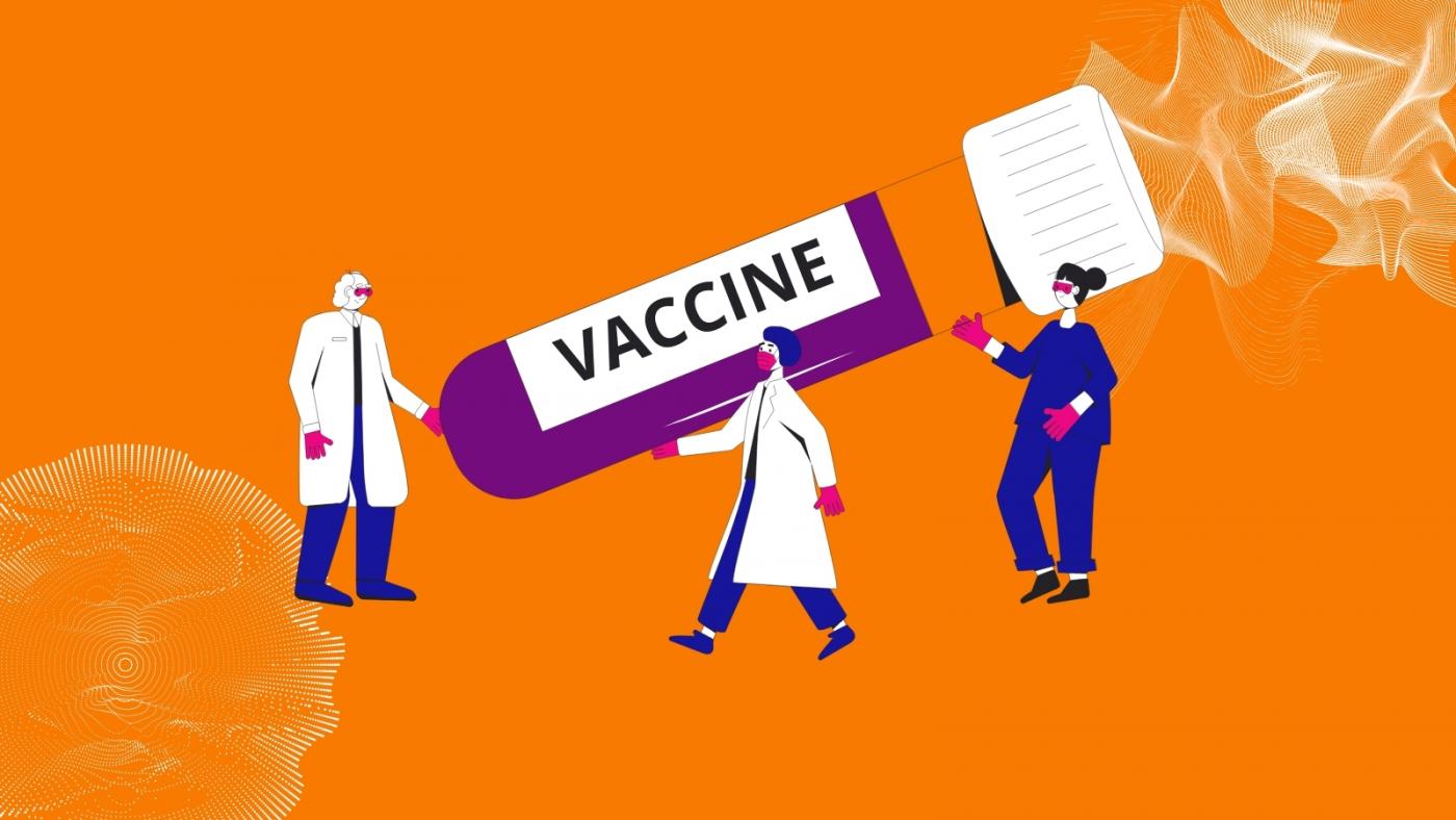 Orange background, with abstract white shapes on either corner of image. In the centre sits an illustration of three doctors wearing their uniform carrying a giant test tube with the label 'vaccine' written on the side.