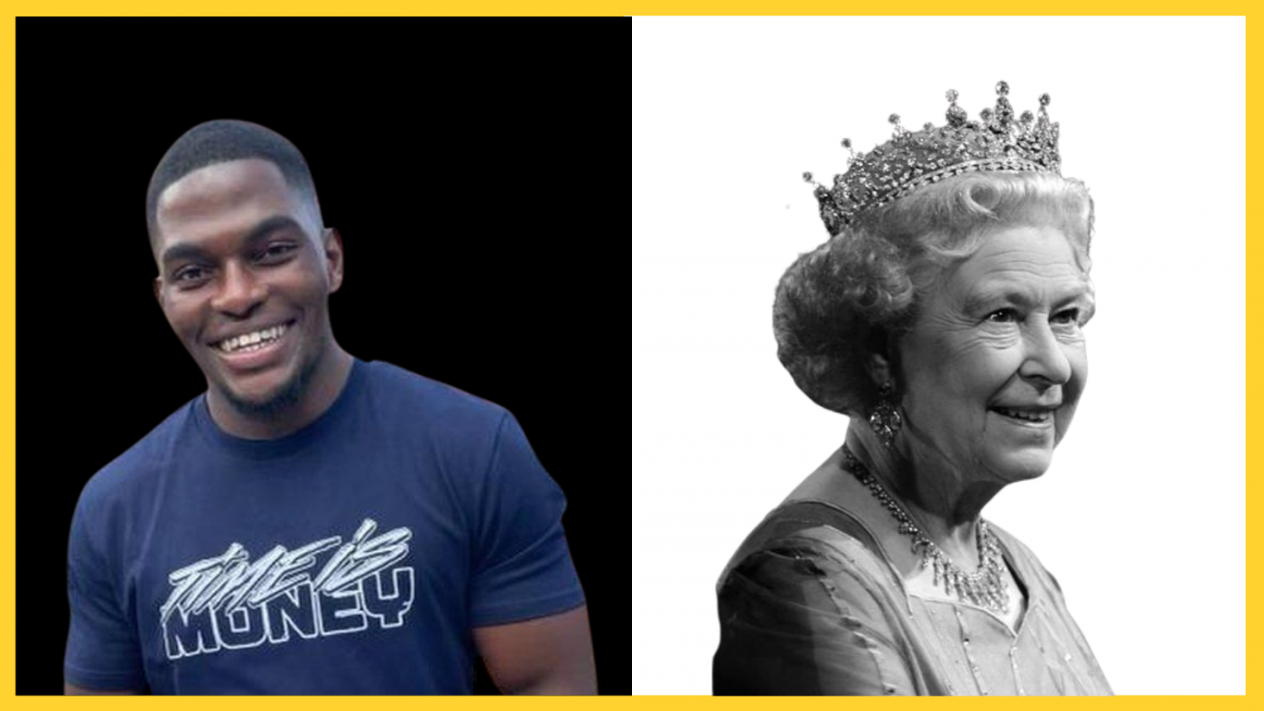 Chris Kaba against a black background and a black and white picture of Queen Elizabeth against a white background. The image is outlined in yellow.