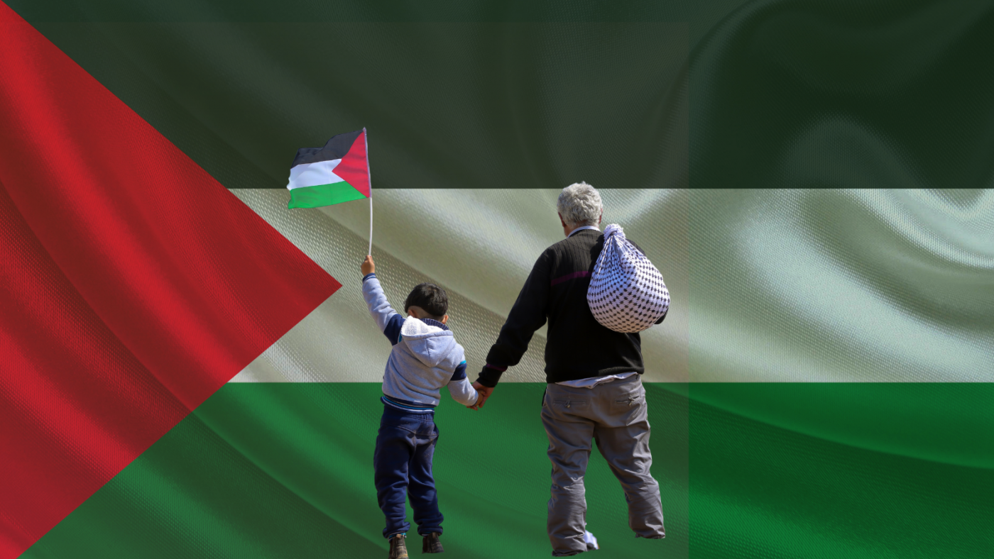 A child raises a Palestinian flag in one hand, while holding the hand of an elder. The two of them are walking, with the adult person holding a bag. They're both cut out on a Palestinian flag. 