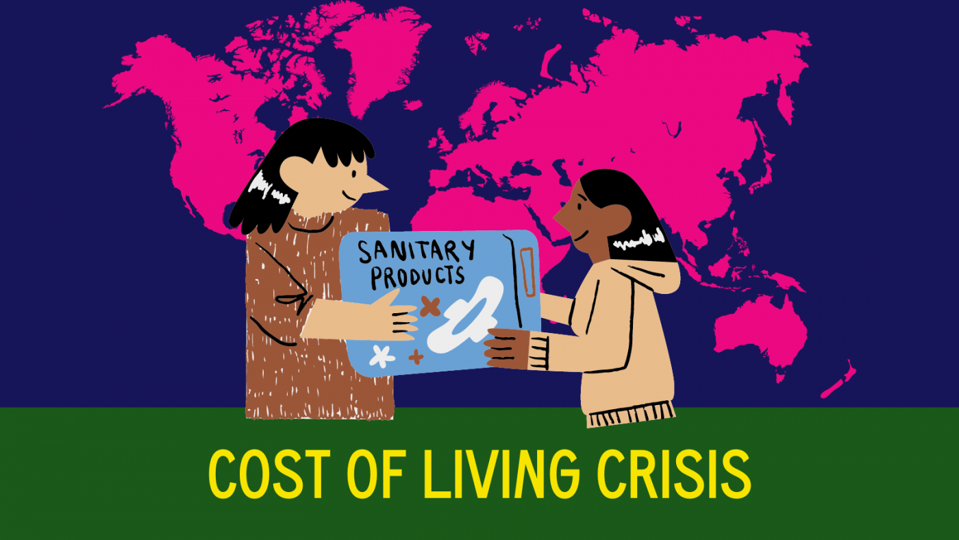 Cost of Living: Period Poverty. An illustration of two racialised people holding sanitary products with a map behind them. 