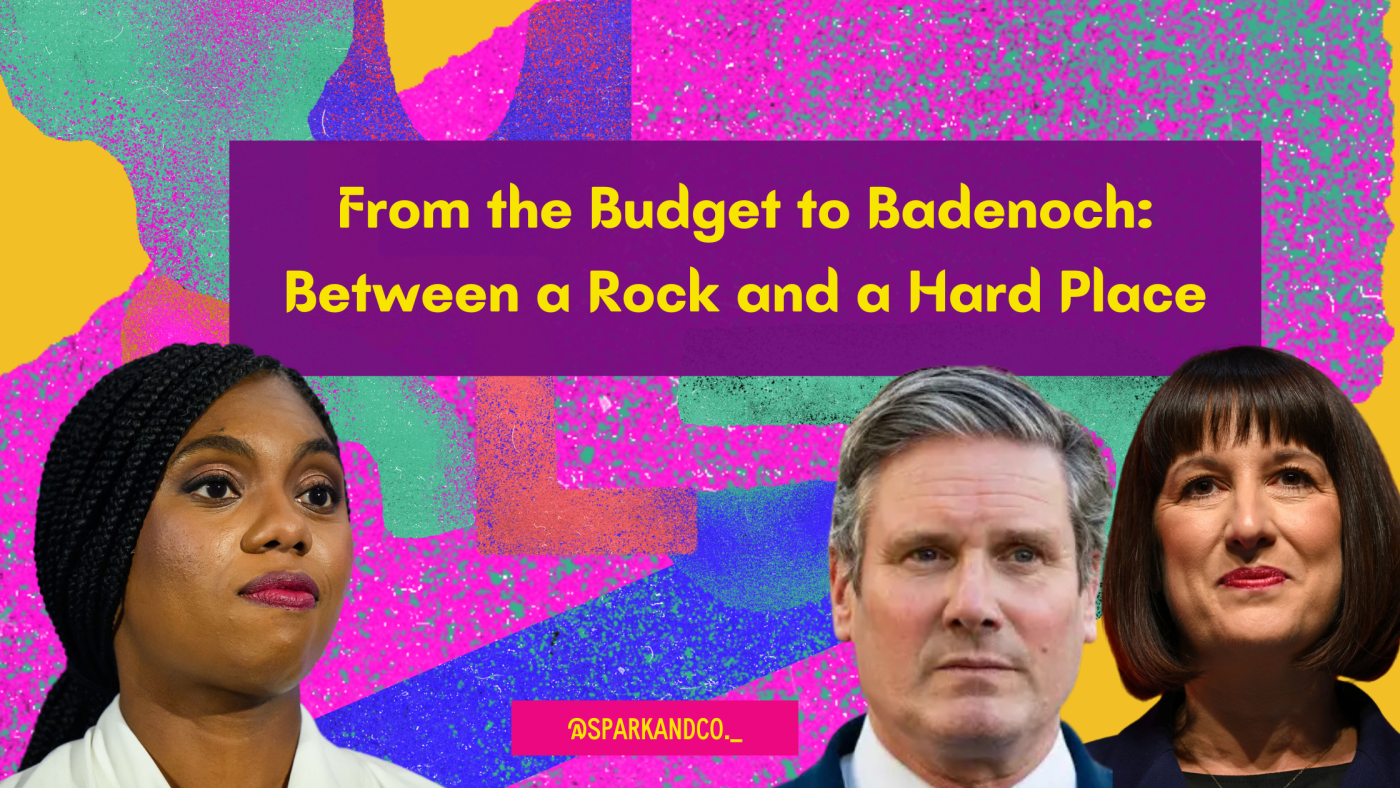 Text graphic with the title, "From the Budget to Badenoch: Between a Rock and a Hard Place," against a colourful, abstract background, with images of Kemi Badenoch, Keir Starmer, and Rachel Reeves below.