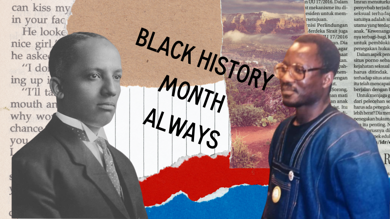Layered image of newspaper clippings, ripped notebook, cardboard and picture. Photo of Carter G Woodson on the left and on the right Akyaaba Addai-Sebo