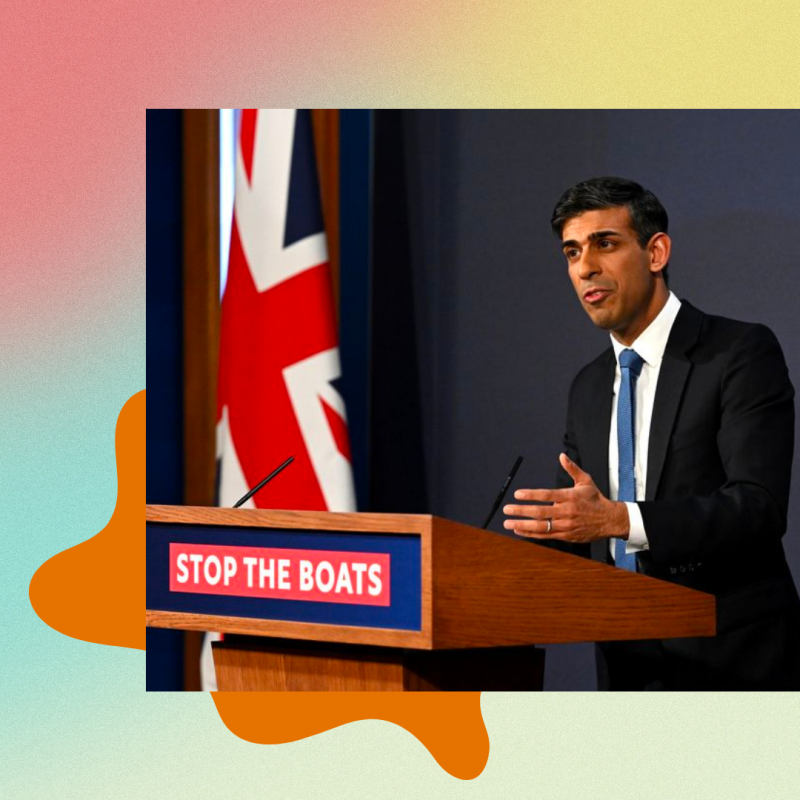 On a gradient background, turning from red to yellow and then green, is a photo of Rishi Sunak announcing the new Illegal Migration Bill. He's at a stand which reads 'stop the boats'. There is a orange shape behind the photo.