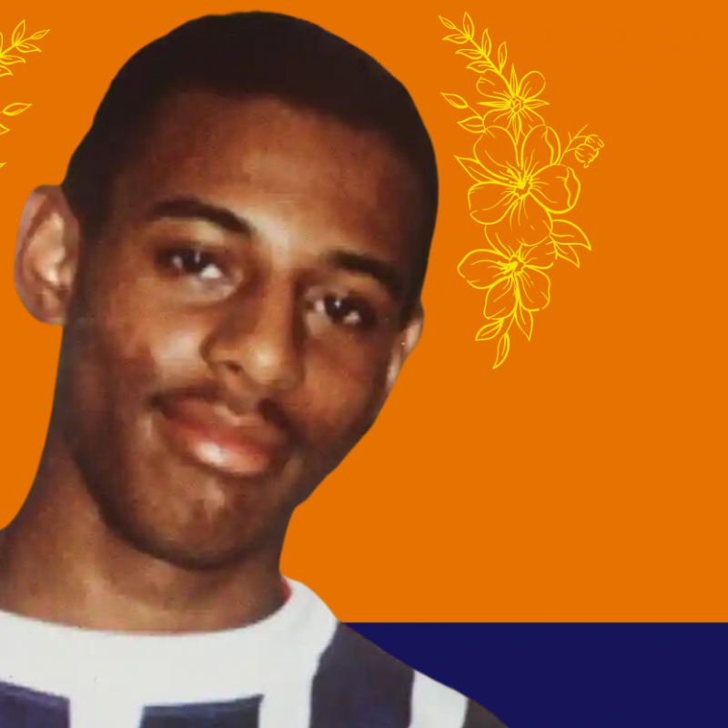 Stephen Lawrence smiling on an orange background with a floral illustration in yellow on the right hand side. 
