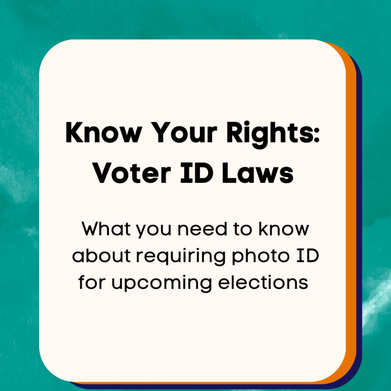Green background reading "Know Your rights: Voter ID Laws in the UK" in bold black letters. Under the title it reads "What you need to know about requiring photo ID for upcoming elections." This is in on an off-white shape with orange and blue colours behind it.