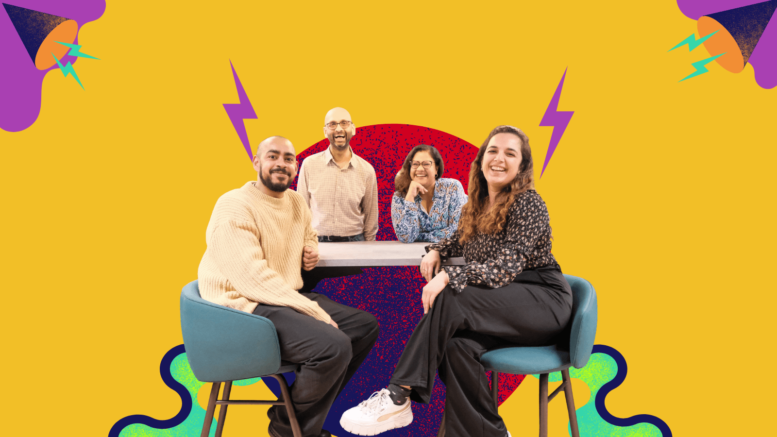 Four team members sit together smiling at the camera on teal chairs against a bright yellow graphic background with bold purple and red shapes and lightning bolt illustrations.