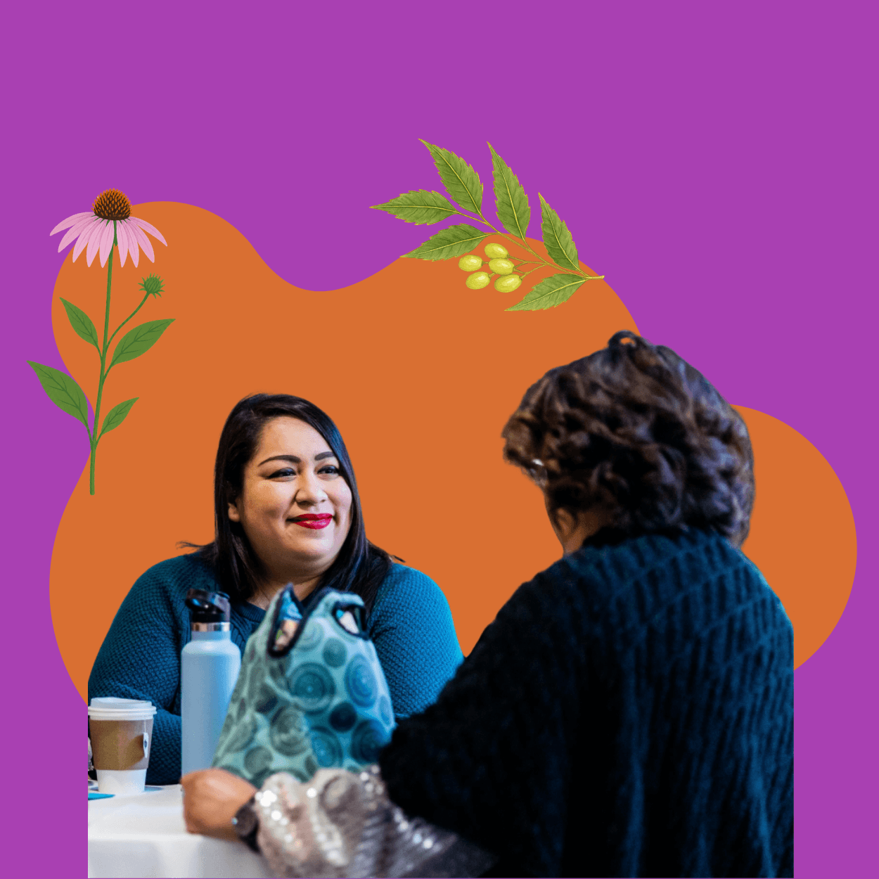 Two women of colour sitting across from each other at a table, smiling and engaged in conversation. Set against an orange organic blob shape on a purple background, with illustrated medicinal plants including an echinacea flower and a berry branch.